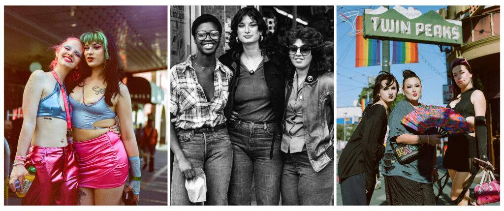 Chris Stevens-Yu, Left: Portrait of two women in front of the Castro Theater on March 15, 2026. Middle: Portrait of three women in the Castro District in the 1970s by photographer Crawford Barton via the GLBT Historical Society. Right: Portrait of three women in front of Twin Peaks Tavern in the Castro District on March 15, 2026, Archival pigment print, 11" x 25"